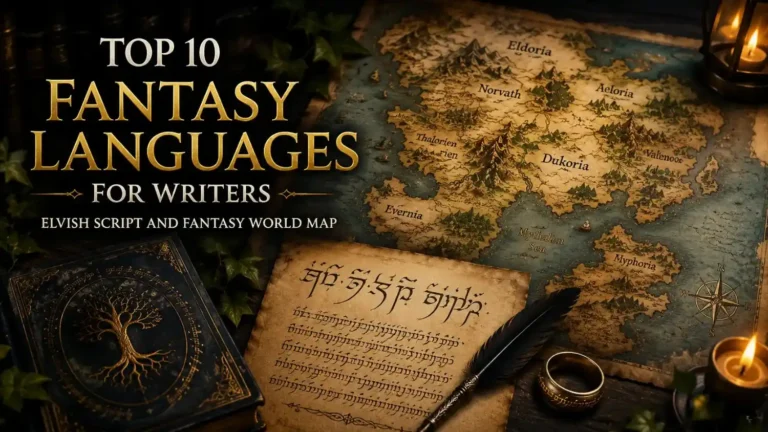 Best fantasy languages for writers — Elvish script and fantasy world map