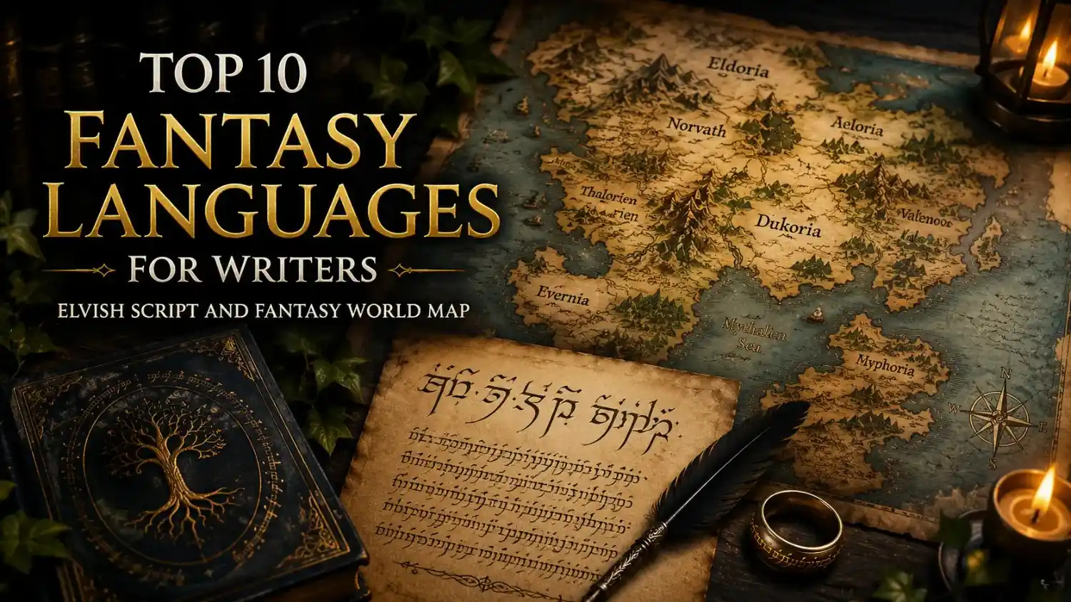 Best fantasy languages for writers — Elvish script and fantasy world map