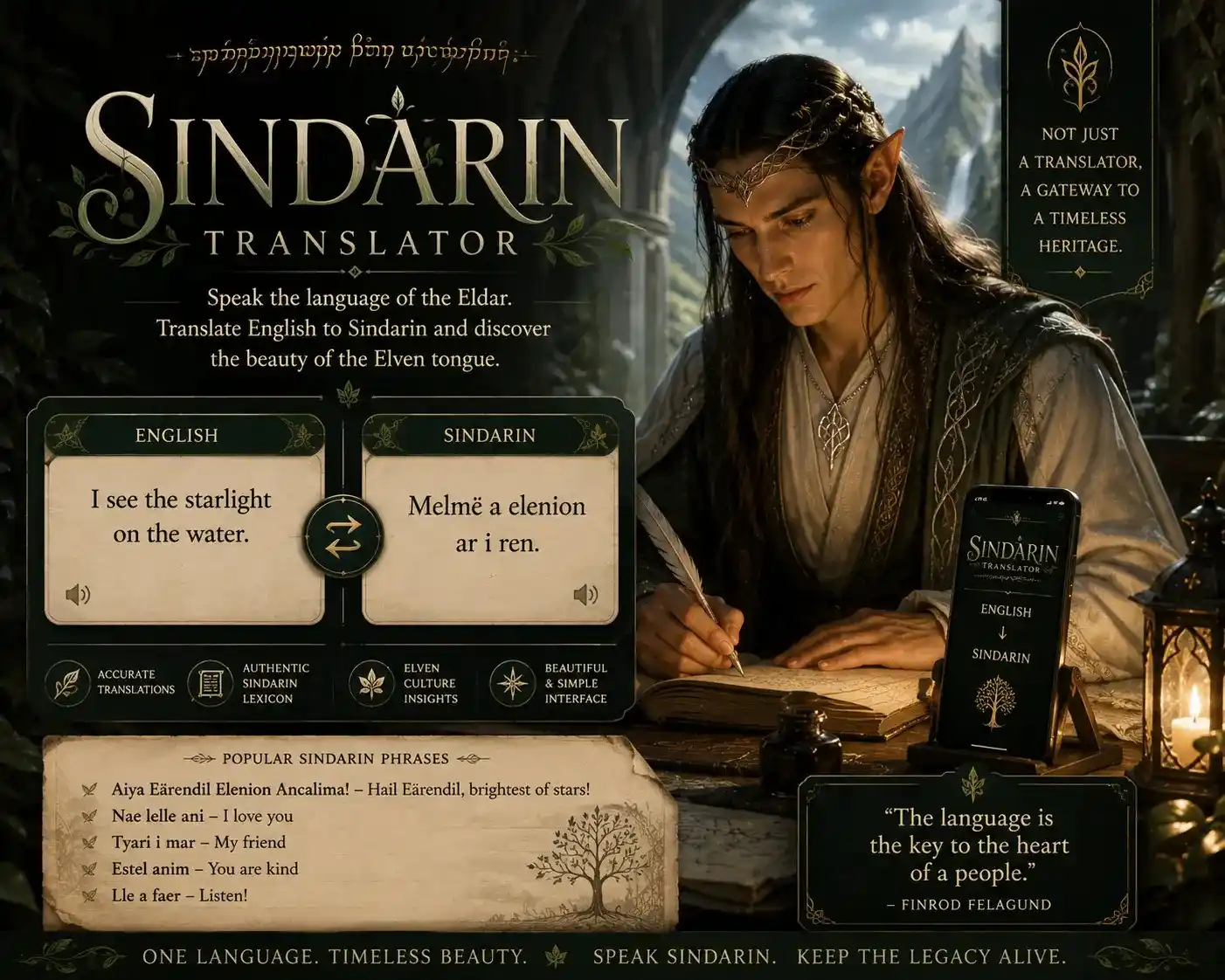 Free Sindarin translator — convert English to Sindarin Elvish language